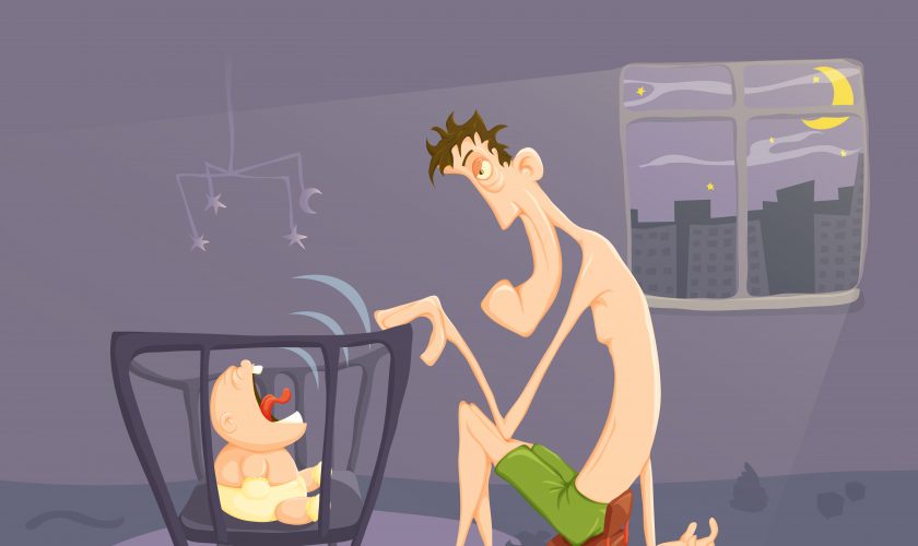 Sleepy parent and crying baby